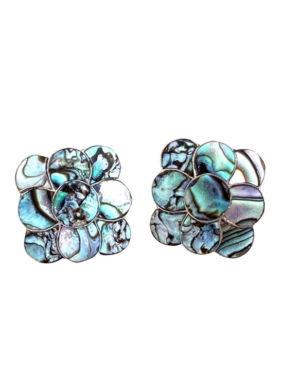 Mexico Jewelry - Vintage MEXICO Sterling Silver Abalone Shell Inlay Flower Screw Back Earrings